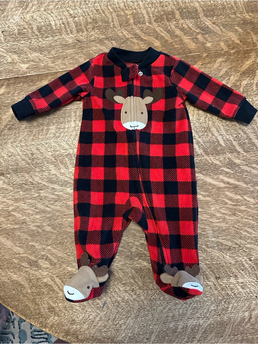 Carter's Red and Black Buffalo Plaid fleece Reindeer Footed One-Piece